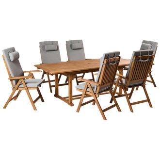 Beliani Conjunto De Comedor Para Jard&iacute;n De Madera De Acacia Ajustable Plegable 6 Plazas Cojines Gris Jaspeado Exterior Java