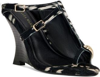 Azalea Wang Giannis Genuine Calf Hair Wedge Sandal in Black at Nordstrom, Size 7.5