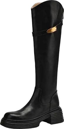 Generic Womens Cow Skin Round Toe Thick High Heels Riding Boots Winter Shoes Metal Buckle Knee-High Boots