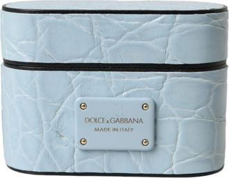 Dolce & Gabbana Womens Light Blue Leather Metal Logo Plaque Airpods Case Caiman Accessory
