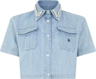 Philipp Plein Chambray Cropped Shirt Crystals