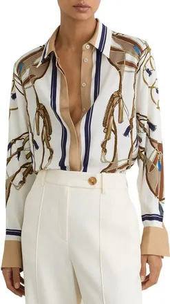 Reiss Ellis Tassel Print Button-Up Shirt in Ivory/Brown at Nordstrom, Size 10 Us