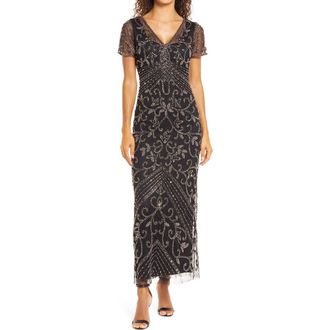 Pisarro Nights Beaded Mesh Column Gown in Blk/merc at Nordstrom Rack, Size 10