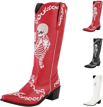 Generic Halloween Boots For Women - Halloween Scary Theme Boot Western Cowboy Shoes Pointed Toe Shoe Casual Cowgirl Shoe Western Cowgirl Retro Footwear Theme 