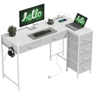 OEM Escritorio Esquinero Reversible Con 6 Cajones 126x48 Cm Con Toma De Corriente Puerto De Carga Usb Y Usb-c Blanco