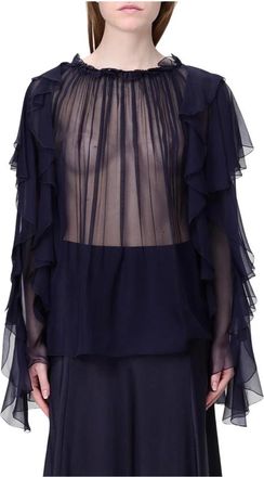 Alberta Ferretti Overhemden, Dames, Blauw, L, Blauwe Zijden Ruches Blouse Elegante Stijl