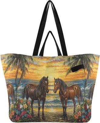 Generic Horse Palm Flowers Golden pattern Reusable Canvas Tote Bag, Heavy Duty Grocery Shopping Bag with Double Handles Hard Bottom Large Capacity Work Grocer