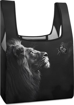 Generic Black And White Lion Butterfly Shopping Bag Reusable Grocery Tote Bag Foldable Handbag for Travel Picnic