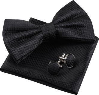 Alizeal Mens Solid Color Pre-tied Bow Tie, Pocket Square and Cufflinks Business Wedding Formal Tie Set, Black