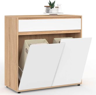 IDMarket Mobile Bagno A 2 Ante Tomi Con 2 Cesti Portabiancheria Estraibili E 1 Cassetto, Finitura Faggio E Bianco