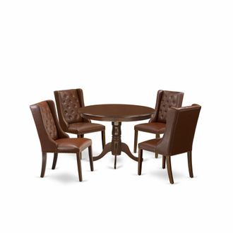 East West Furniture 5-Piece Dinette Room Set Includes 1 Modern Round Dining Table and 4 Brown Linen Fabric Mid Century Dining Chairs