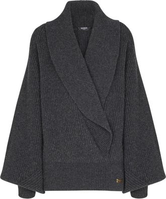 Balmain Oversized wrap gebreide trui - Dames - V-hals truien - Grijs - L - Wol - Truien & Vesten