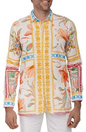 Ranee&rsquo;s Extra Trim Fit Print Linen & Cotton Button-Up Resort Shirt in White at Nordstrom Rack, Size Xx-Large