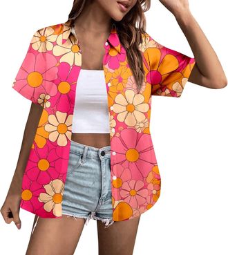 Generic Womens Tropical Funny Hawaiian Palm Tree Shirts Caribbean Casual Summer Shirt Clothes Short Sleeve Button Down Graphic Beach 80S Shirt Outfits Trendy 