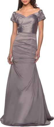 La Femme Off the Shoulder Beaded Satin Trumpet Gown in Silver at Nordstrom, Size 18