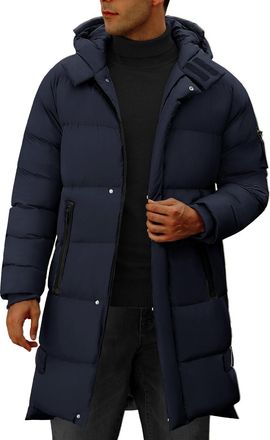 Heekpek Mens Hood Puffy Quilted Jacket Winter Warm Long Puffer Coat Windproof Full Zip Thicken Outerwear with 4 Pockets, Navy Blue, M