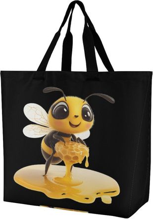 Generic Cute Bee with Honey Reusable Shopping Bags One Shoulder Grocery Tote Bag Waterproof Big Purse for Work Travel