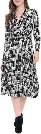 London Times Print Long Sleeve Side Twist Jersey Fit & Flare Dress in Black/Cream at Nordstrom Rack, Size 10