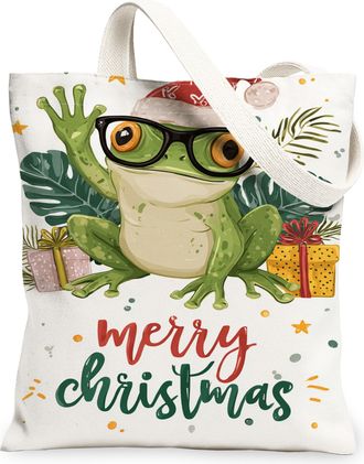 Generic Christmas Amphibian Canvas Tote Bags, Fun Holiday Animal Design Reusable Shopping Bags, Lightweight Washable Shoulder Strap, White, 13x15 Inch