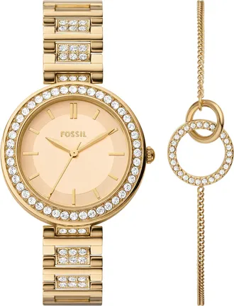 Fossil Womens Karli Three-Hand, Gold-Tone Alloy Watch and Bracelet Set
