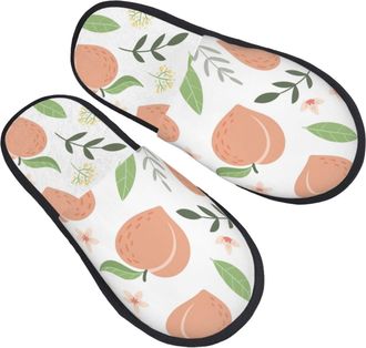 Generic Fluffy Slipper Watercolor Peach And Leaves Pattern Fluffy Ladies Slippers Soft Portable Womens Slippers Travel Hotels L