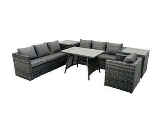 Fimous Rattan Dining Table Sofa Set with 2 Side Tables Outdoor 7 Seat in Dark Grey