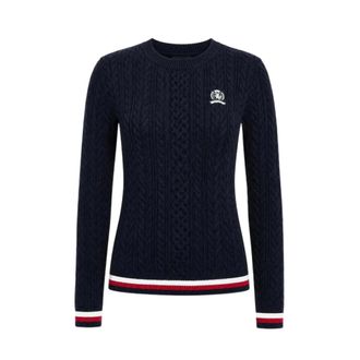 Tommy Jeans Kabelgebreide trui met boorddetail - Dames - Truien - Blauw - Maat: L Katoen