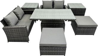 Fimous Outdoor Love Sofa Set 6 Seat Rattan Garden Furniture Set with Adjustable Lifting Dining or Coffee Table Big Stool Dark Grey Mixed - Fimous