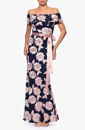 Betsy & Adam Soutache Floral Off the Shoulder Gown in Navy/Rose at Nordstrom, Size 8