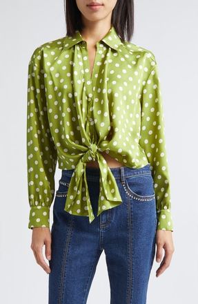 Cinq &agrave; Sept Camille Polka Dot Marianna Tie Front Top in Pickle/Ivory at Nordstrom, Size X-Small