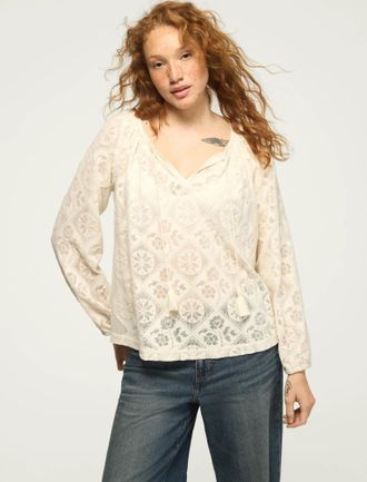 Lucky Brand Womens Long Sleeve Lace Peasant Top