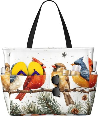 Generic Winter Birds Print Large Beach Bag Foldable Travel Shoulder Tote Bag With Pocket For Weekender Pool Vacation