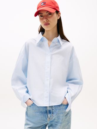 Tommy Jeans Hemdbluse TOMMY JEANS TJW REG CROP STRIPE POPLIN SHIRT, Damen, Gr. XS (34), blau (light powdery blau, stripe), Web, Obermaterial: 100% Baumwolle, gest