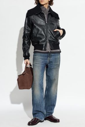 Our Legacy Leather Jacket With Detachable Collar, Mens, Black