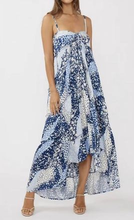 Lovestitch Floral Tiered Spaghetti Strap Maxi Dress In Blue + White