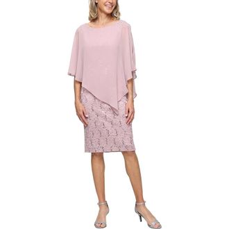 S.L. Fashions Chiffon Capelet Floral Lace Cocktail Dress in Blush at Nordstrom, Size 12