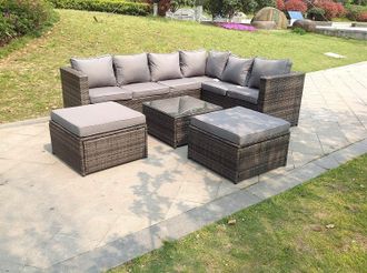 Fimous 8 Seater Grey Rattan Sofa Set Coffee Table Footstool Garden Furniture Outdoor in Dark Grey