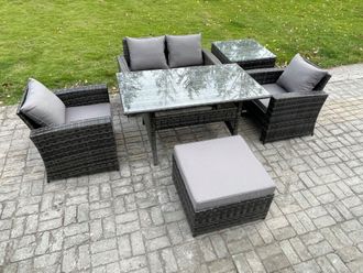 Fimous PE Wicker Outdoor Garden Furniture Set Patio Furniture Rattan Rectangular Dining Table Lounge Sofa in Dark Grey