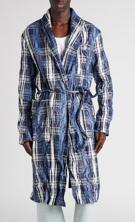 Bottega Veneta Belted Check Crushed Twill Coat in Blue/Navy/Chalk at Nordstrom, Size 38 Us