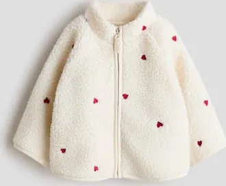 H&M Printed Teddy Jacket in Light Beige/hearts at Nordstrom, Size 12-18M