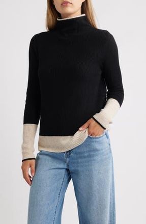 Griffen Contrast Trim Wool & Cashmere Funnel Neck Sweater in Black/Oat at Nordstrom Rack, Size Small