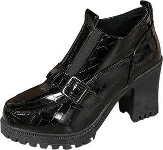 Generic Black Womens Casual Fashion Patterned Round Toe Shallow Mouth Loafer with Thick Heel High Heels for Versatile Outfits