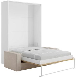 Vente-Unique Letto a scomparsa 140 x 200 cm - Apertura verticale manuale - Colori: Naturale e bianco + Divano - BEGANIO