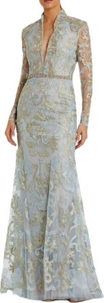 Mac Duggal Long Sleeve Applique V-Neck Gown in Powder Blue at Nordstrom, Size 16