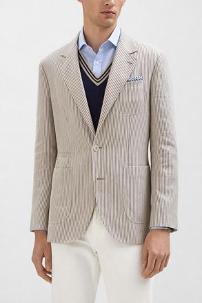 Brunello Cucinelli MenS Beige Linen Wool Striped Blazer, Size 46