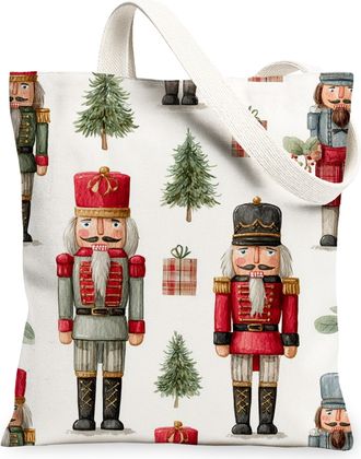 Generic Vintage Nutcracker Canvas Tote Bags, Festive Tree Pattern Reusable Grocery Bags, Lightweight Washable Shoulder Strap Canvas, White, 13x15 Inch