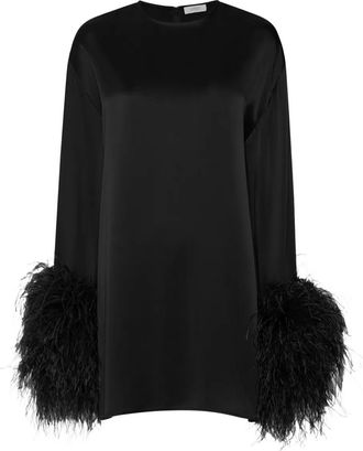 Sally Lapointe Abito corto in raso con rifinitura di piume - Nero