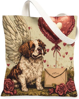 Generic Valentines Day St. Bernard Dog Canvas Tote Bag for Shopping 13x15, Vintage Puppy Reusable Grocery Print Pattern Bag for Women, Retro Lover Beach Aesth
