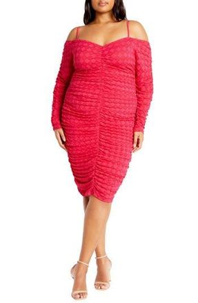City Chic Lorelai Ruched Cold Shoulder Long Sleeve Dress in Pop Pink at Nordstrom Rack, Size Xl/22W