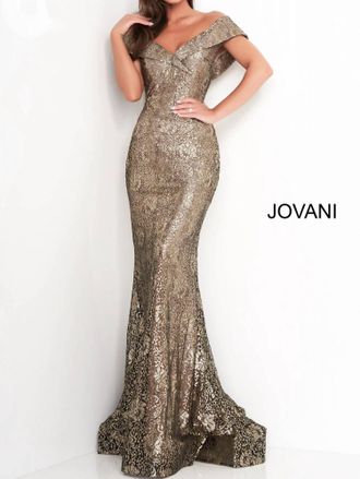 Jovani Fitted V Neck Evening Dress In Gold/black